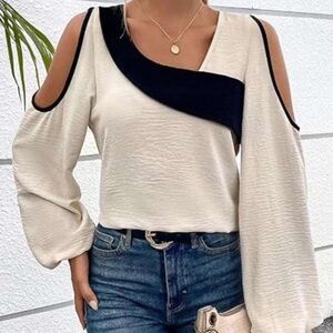 Off Shoulder Patchwork Long Sleeve Top